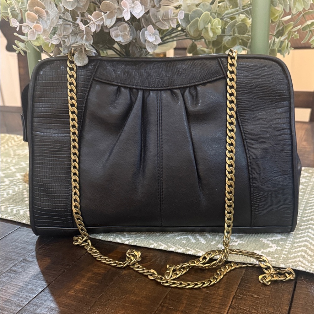 Nine West Vintage Black Pleated Shoulder‎ Bag w/ Gold Chain, 90s Macau